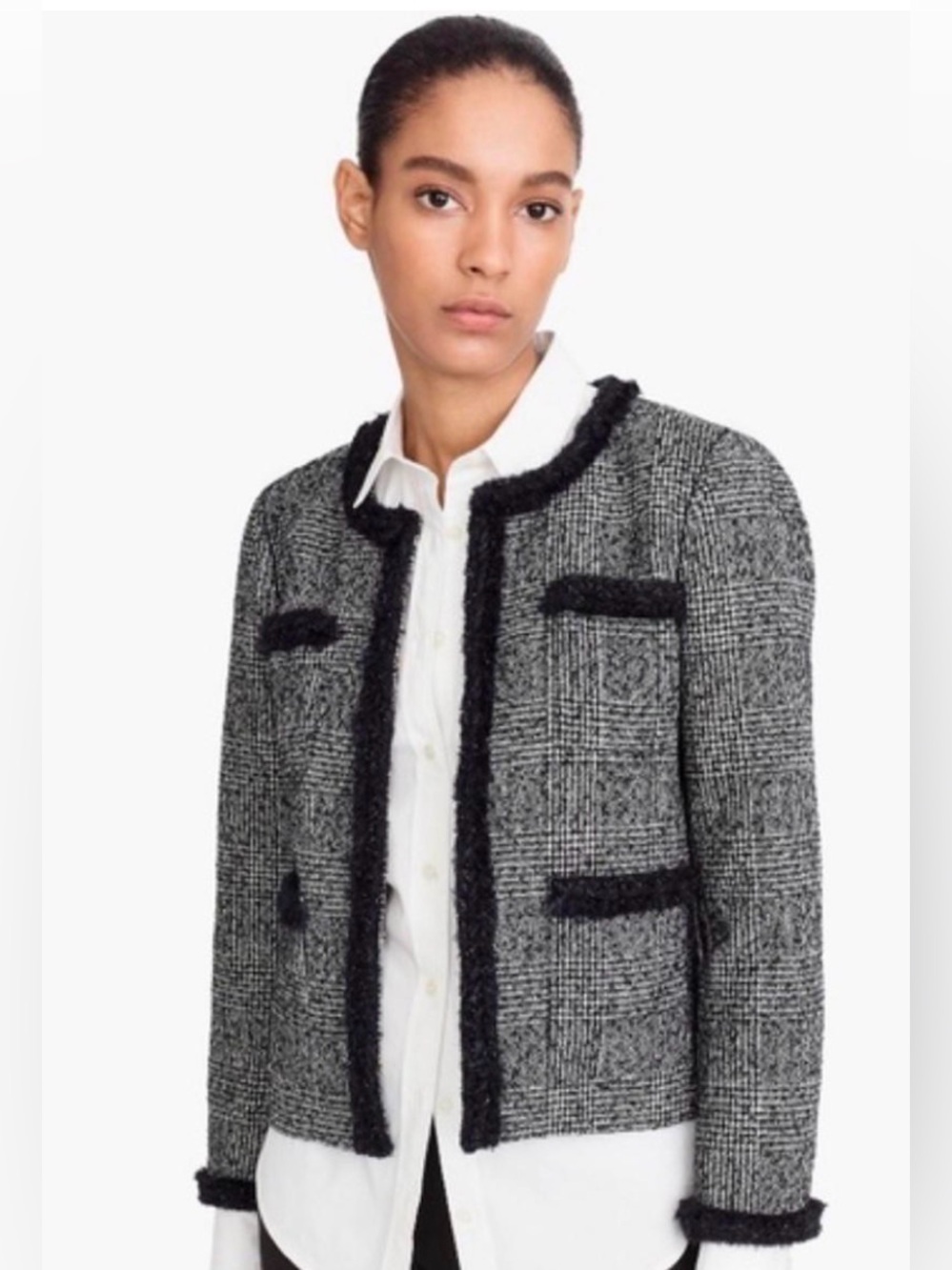 J. Crew Women's Glen Plaid Braided Trim Tweed Jacket Wool
